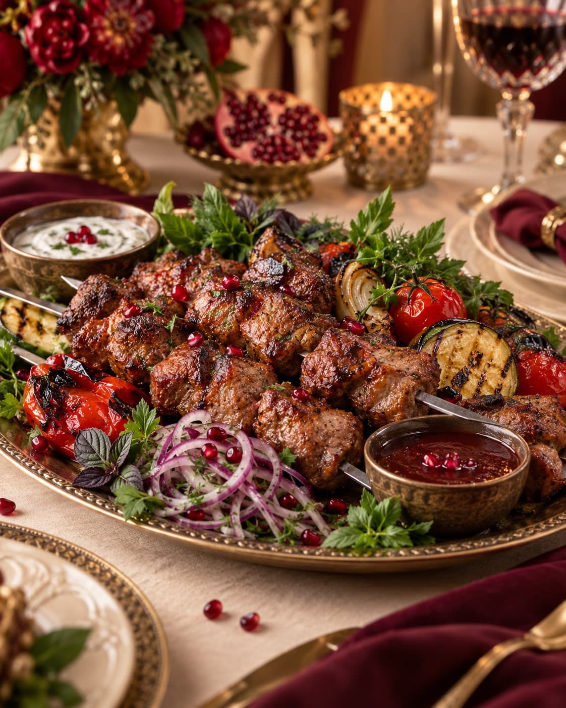 Шашлык с овощами и гранатом
